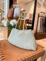 Italy Leather Woven Bag Hobo Trapezoidal Bag | New Style Summer Beach Bag Full Grain Leather Triple Jump Bamboo HandBag, Handcrafted Basket Bag - Alexel Crafts