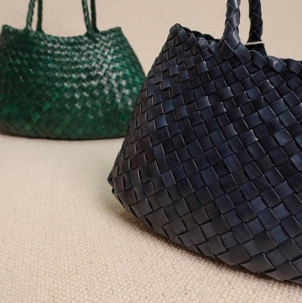 Italy Leather Woven Hobo Trapezoidal Bag, New Style Summer Beach Bag, Full Grain Leather Triple Jump Bamboo HandBag, Handcrafted Basket Bag - Alexel Crafts