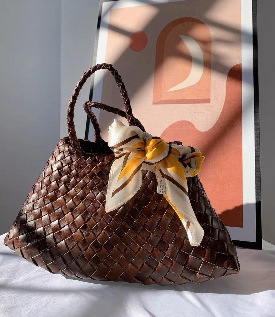 Italy Leather Woven Hobo Trapezoidal Bag, New Style Summer Beach Bag, Full Grain Leather Triple Jump Bamboo HandBag, Handcrafted Basket Bag - Alexel Crafts