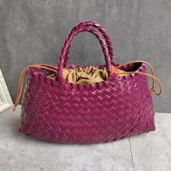 Italy Leather Woven Hobo Trapezoidal Bag, New Style Summer Beach Bag, Full Grain Leather Triple Jump Bamboo HandBag, Handcrafted Basket Bag - Alexel Crafts