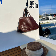 Italy Leather Woven Hobo Trapezoidal Bag, New Style Summer Beach Bag, Full Grain Leather Triple Jump Bamboo HandBag, Handcrafted Basket Bag - Alexel Crafts