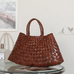 Italy Leather Woven Bag Hobo Trapezoidal Shoulder Bag (Long Handle) | New Style Summer Beach Bag Full Grain Leather Triple Jump Bamboo HandBag, Handcrafted Basket Bag