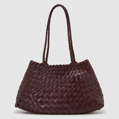 Italy Leather Woven Bag Hobo Trapezoidal Shoulder Bag (Long Handle) | New Style Summer Beach Bag Full Grain Leather Triple Jump Bamboo HandBag, Handcrafted Basket Bag - Alexel Crafts