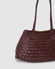 Italy Leather Woven Bag Hobo Trapezoidal Shoulder Bag (Long Handle) | New Style Summer Beach Bag Full Grain Leather Triple Jump Bamboo HandBag, Handcrafted Basket Bag - Alexel Crafts
