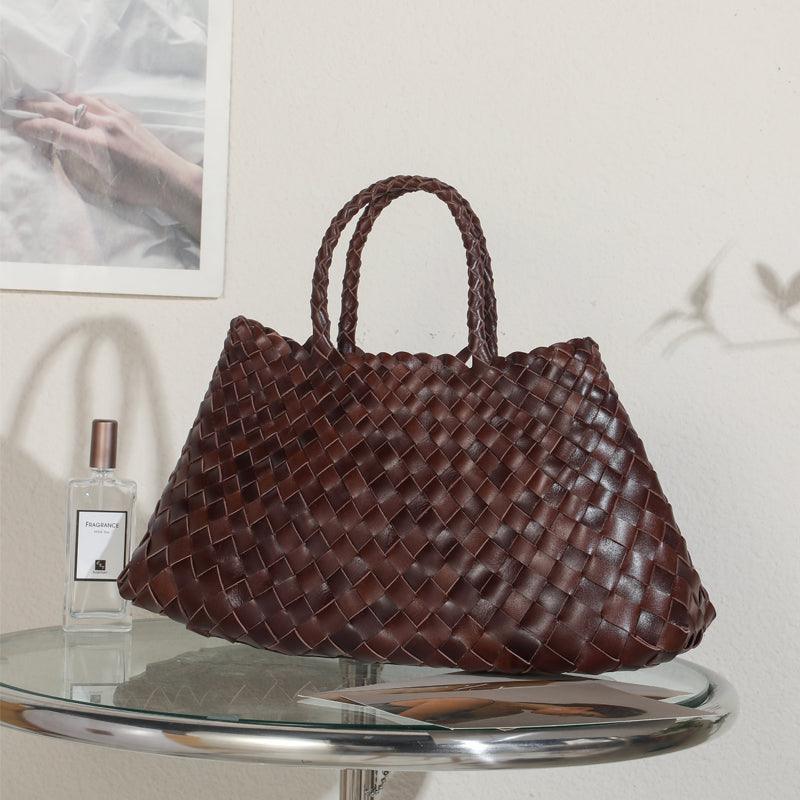 Italy Leather Woven Bag Hobo Trapezoidal Shoulder Bag (Long Handle) | New Style Summer Beach Bag Full Grain Leather Triple Jump Bamboo HandBag, Handcrafted Basket Bag - Alexel Crafts