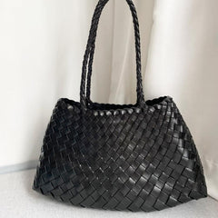 Italy Leather Woven Bag Hobo Trapezoidal Shoulder Bag (Long Handle) | New Style Summer Beach Bag Full Grain Leather Triple Jump Bamboo HandBag, Handcrafted Basket Bag - Alexel Crafts