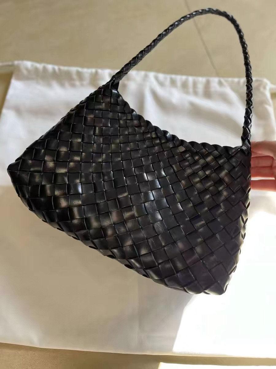 Italy Leather Woven Hobo Shoulder Bag | Interwoven Summer Beach Bag, Full Grain Leather Triple Jump Bamboo HandBag, Handcrafted Basket Bag - Alexel Crafts