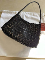 Italy Leather Woven Hobo Shoulder Bag | Interwoven Summer Beach Bag, Full Grain Leather Triple Jump Bamboo HandBag, Handcrafted Basket Bag - Alexel Crafts