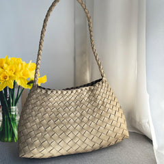 Italy Leather Woven Hobo Shoulder Bag | Interwoven Summer Beach Bag, Full Grain Leather Triple Jump Bamboo HandBag, Handcrafted Basket Bag - Alexel Crafts