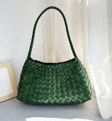 Italy Leather Woven Hobo Shoulder Bag | Interwoven Summer Beach Bag, Full Grain Leather Triple Jump Bamboo HandBag, Handcrafted Basket Bag - Alexel Crafts