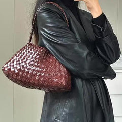 Italy Leather Woven Hobo Shoulder Bag | Interwoven Summer Beach Bag, Full Grain Leather Triple Jump Bamboo HandBag, Handcrafted Basket Bag - Alexel Crafts