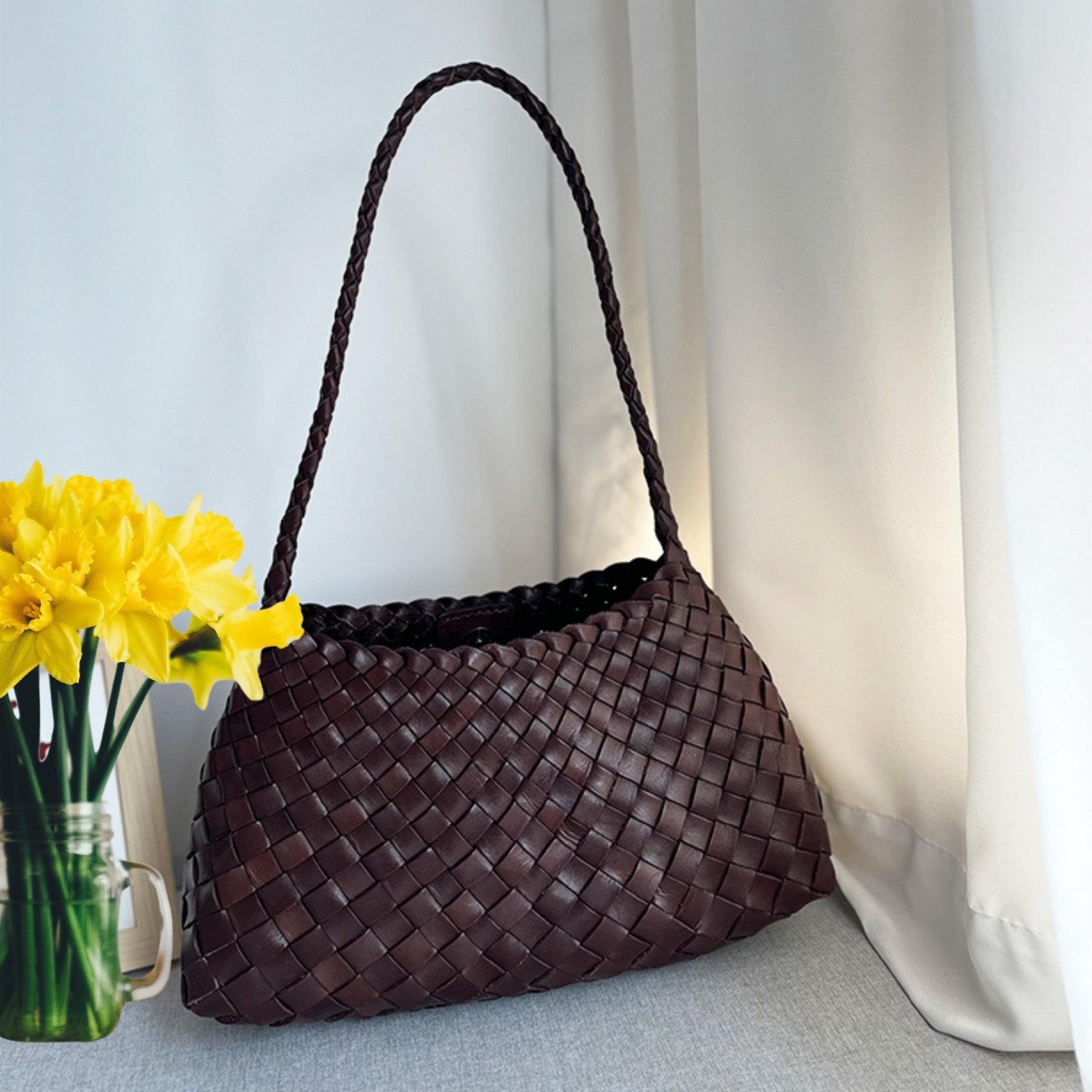 Italy Leather Woven Hobo Shoulder Bag | Interwoven Summer Beach Bag, Full Grain Leather Triple Jump Bamboo HandBag, Handcrafted Basket Bag - Alexel Crafts