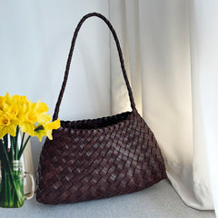 Italy Leather Woven Hobo Shoulder Bag | Interwoven Summer Beach Bag, Full Grain Leather Triple Jump Bamboo HandBag, Handcrafted Basket Bag - Alexel Crafts
