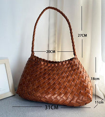 Italy Leather Woven Hobo Shoulder Bag | Interwoven Summer Beach Bag, Full Grain Leather Triple Jump Bamboo HandBag, Handcrafted Basket Bag - Alexel Crafts