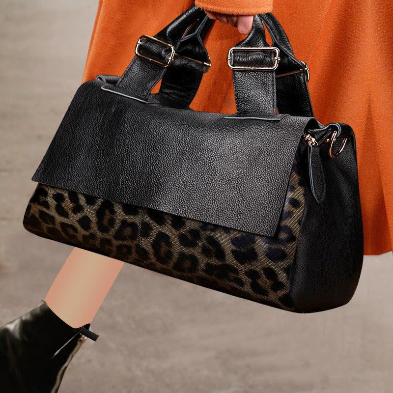 Large Elegant Cowhide Leather Shoulder Bag with Leopard Print Accent, Fashion Leather Handbag - Alexel Crafts