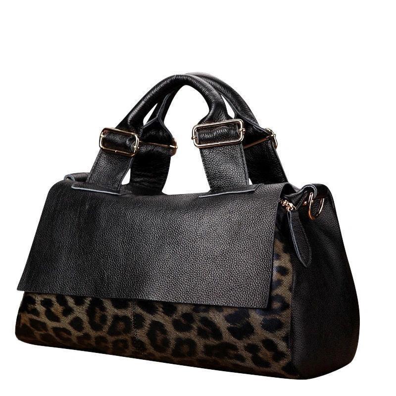 Large Elegant Cowhide Leather Shoulder Bag with Leopard Print Accent, Fashion Leather Handbag - Alexel Crafts