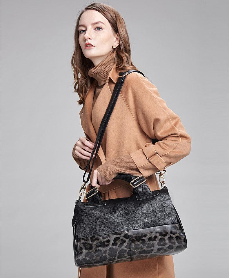 Large Elegant Cowhide Leather Shoulder Bag with Leopard Print Accent, Fashion Leather Handbag - Alexel Crafts