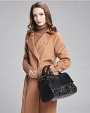 Large Elegant Cowhide Leather Shoulder Bag with Leopard Print Accent, Fashion Leather Handbag - Alexel Crafts