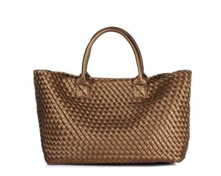 Large Handwoven Vegan Leather Tote/Weekend Bag in Onyx I Trendy Boutique Style ! Handmade Gift for Her - Alexel Crafts