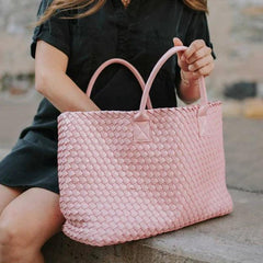 Large Handwoven Vegan Leather Tote/Weekend Bag in Onyx I Trendy Boutique Style ! Handmade Gift for Her - Alexel Crafts