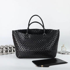 Large Handwoven Vegan Leather Tote/Weekend Bag in Onyx I Trendy Boutique Style ! Handmade Gift for Her - Alexel Crafts