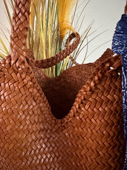 Large Italy Leather interwoven Hobo Tote Bag, Full Grain Leather Triple Bamboo Bag, Summer Beach Bag, Handcrafted Designer Basket Bag - Alexel Crafts