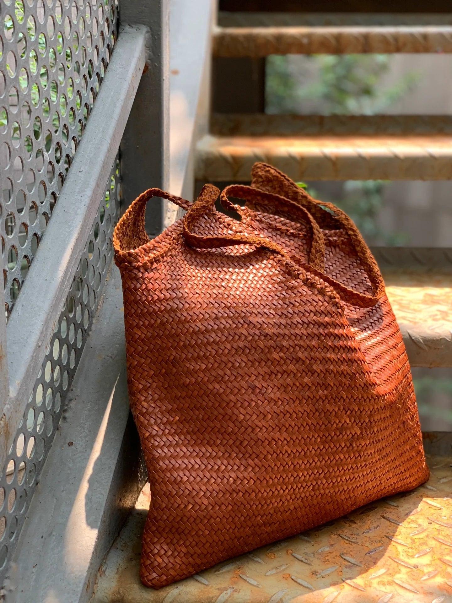 Large Italy Leather interwoven Hobo Tote Bag, Full Grain Leather Triple Bamboo Bag, Summer Beach Bag, Handcrafted Designer Basket Bag - Alexel Crafts