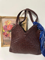 Large Italy Leather interwoven Hobo Tote Bag, Full Grain Leather Triple Bamboo Bag, Summer Beach Bag, Handcrafted Designer Basket Bag - Alexel Crafts