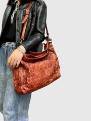 Large Leather Leaf Brick Tote Bag, Handcrafted Leather Bag, Women Vintage Shopping Bag, Mummy Bag, Gift for Her - Alexel Crafts