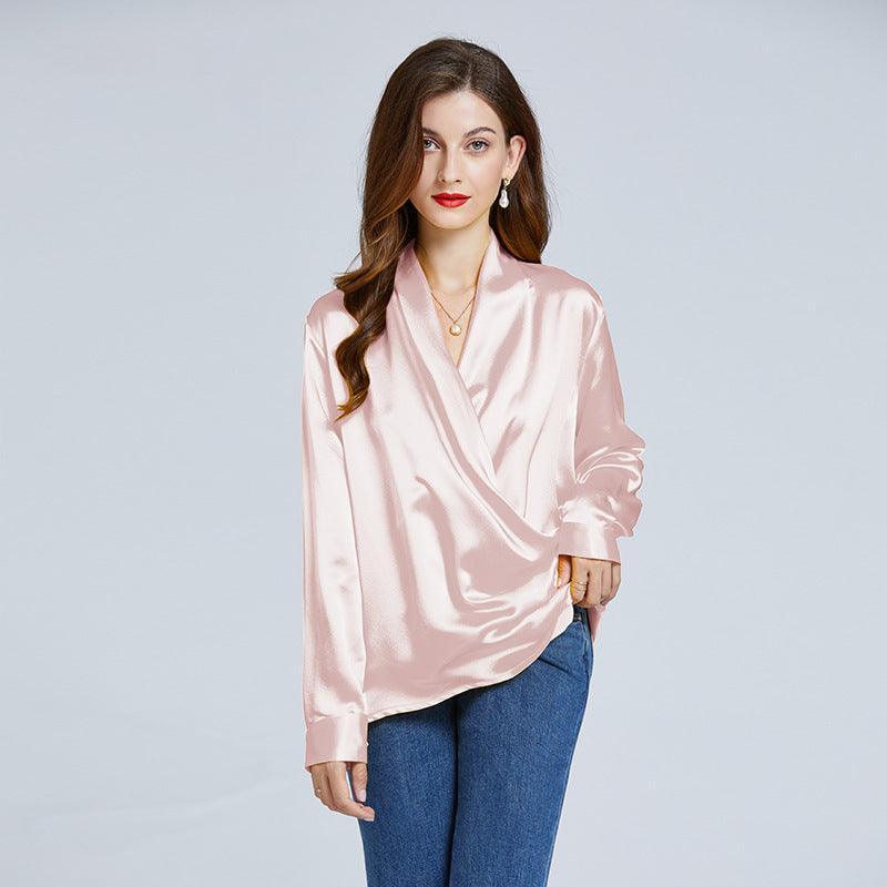 Luxe V-Neck Long Sleeve Blouse, 100% Mulberry Pink Silk Blouse for Women