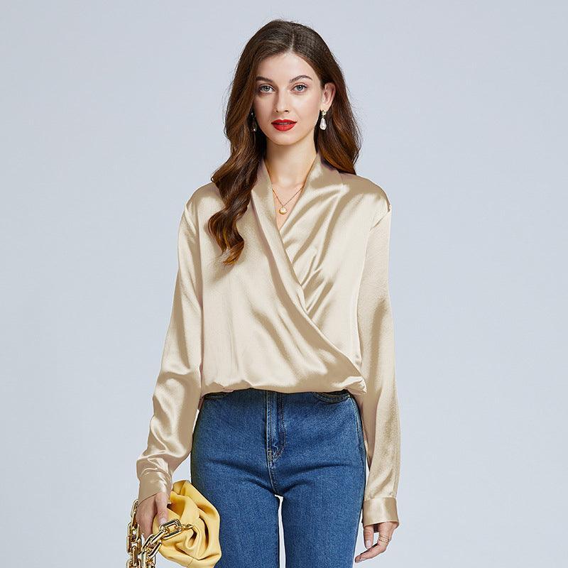 Luxe V-Neck Long Sleeve Blouse, 100% Mulberry Champagne Gold Silk Blouse for Women