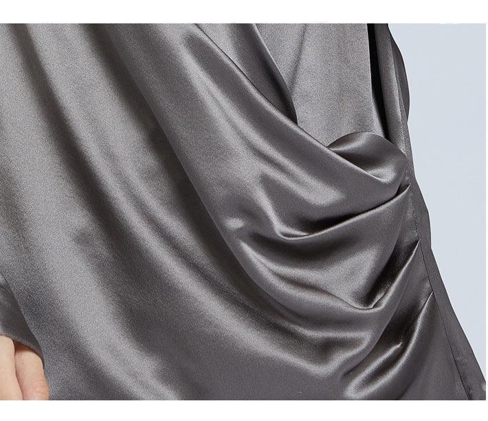 Luxe V-Neck Long Sleeve Grey Blouse in 100% Mulberry Silk for Women - Alexel Crafts