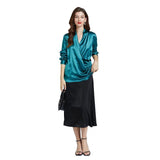 Luxe V-Neck Long Sleeve Blue Blouse in 100% Mulberry Silk for Women - Alexel Crafts