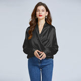 Luxe V-Neck Long Sleeve Black Blouse in 100% Mulberry Silk for Women - Alexel Crafts