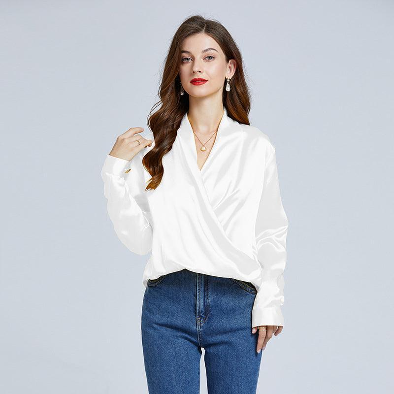 Luxe V-Neck Long Sleeve Blouse in 100% Mulberry Silk for Women - Alexel Crafts