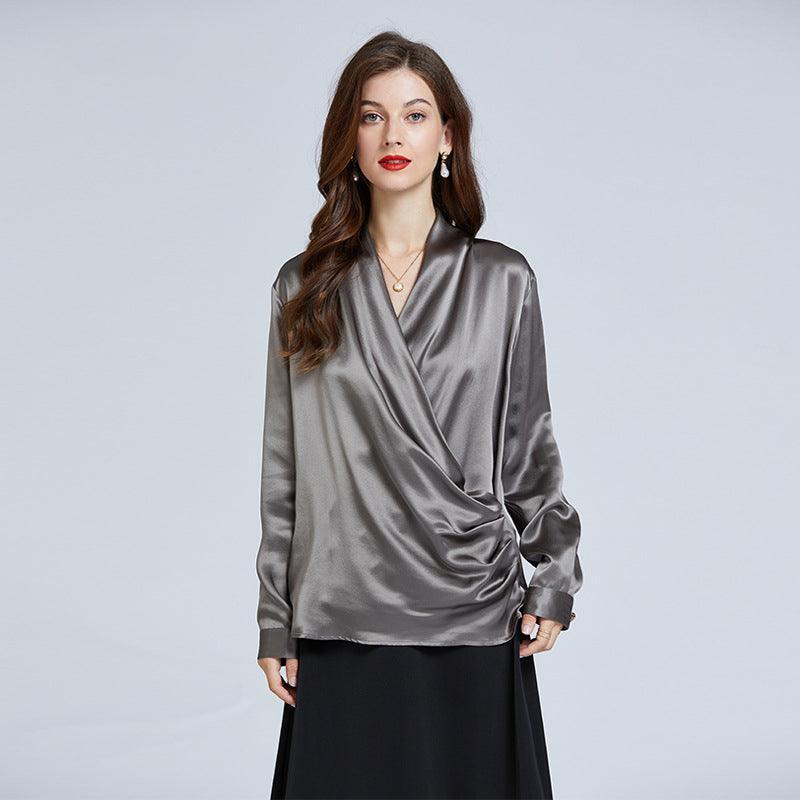 Luxe V-Neck Long Sleeve Grey Blouse in 100% Mulberry Silk for Women - Alexel Crafts