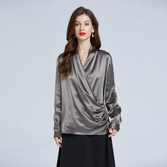 Luxe V-Neck Long Sleeve Blouse in 100% Mulberry Silk for Women - Alexel Crafts