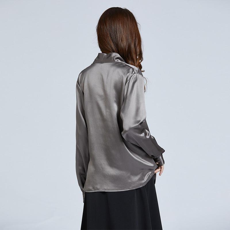 Luxe V-Neck Long Sleeve Grey Blouse in 100% Mulberry Silk for Women - Alexel Crafts