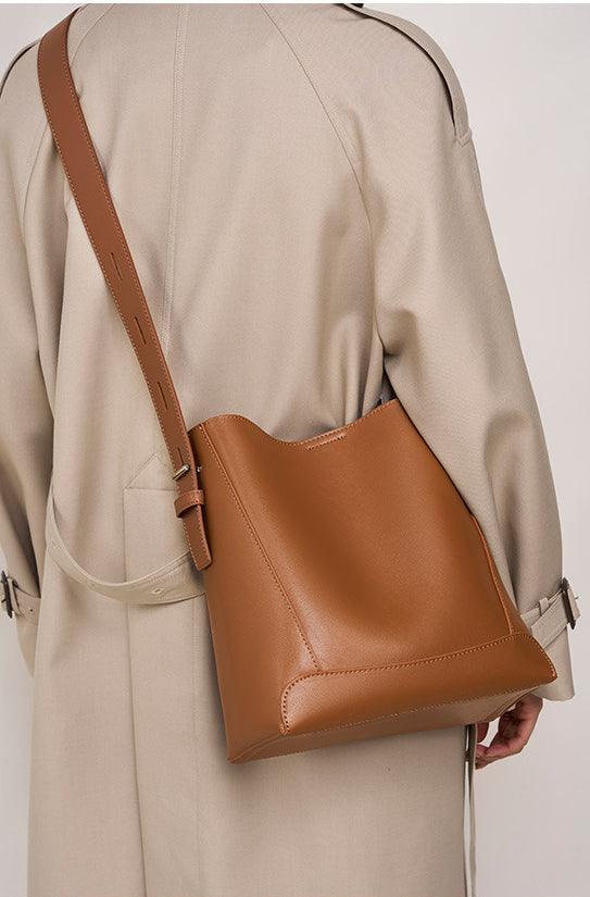 Minimalist Genuine Leather Bucket Bag | Leather Shoulder Bag, Chic Crossbody Bag, Gift for Her - Alexel Crafts