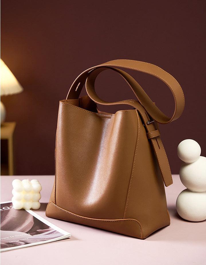 Minimalist Genuine Leather Bucket Bag | Leather Shoulder Bag, Chic Crossbody Bag, Gift for Her - Alexel Crafts