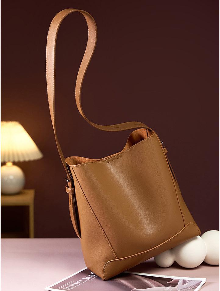 Minimalist Genuine Leather Bucket Bag | Leather Shoulder Bag, Chic Crossbody Bag, Gift for Her - Alexel Crafts