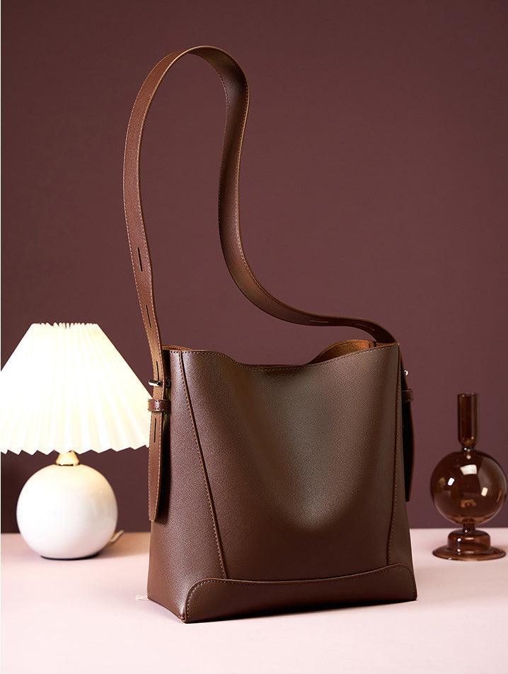 Minimalist Genuine Leather Bucket Bag | Leather Shoulder Bag, Chic Crossbody Bag, Gift for Her - Alexel Crafts