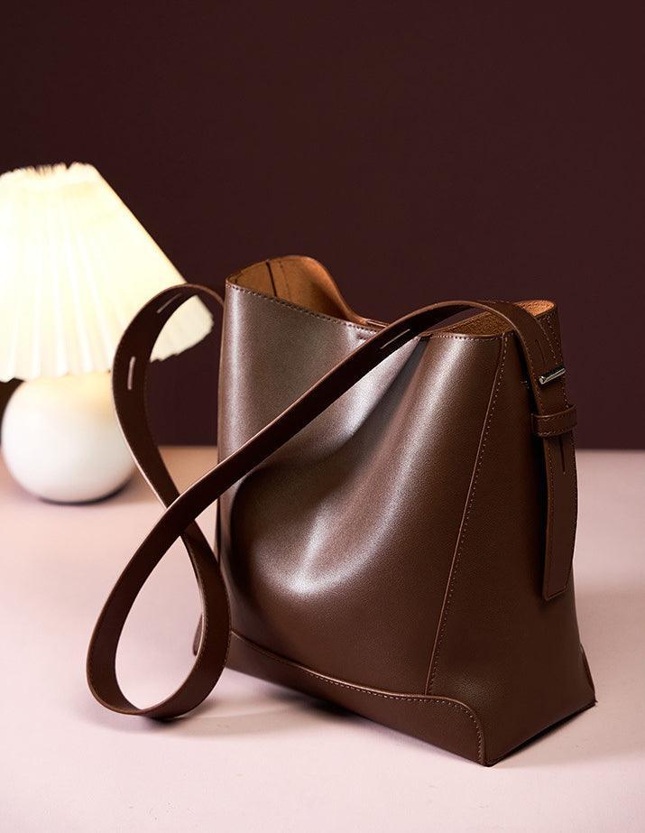 Minimalist Genuine Leather Bucket Bag | Leather Shoulder Bag, Chic Crossbody Bag, Gift for Her - Alexel Crafts
