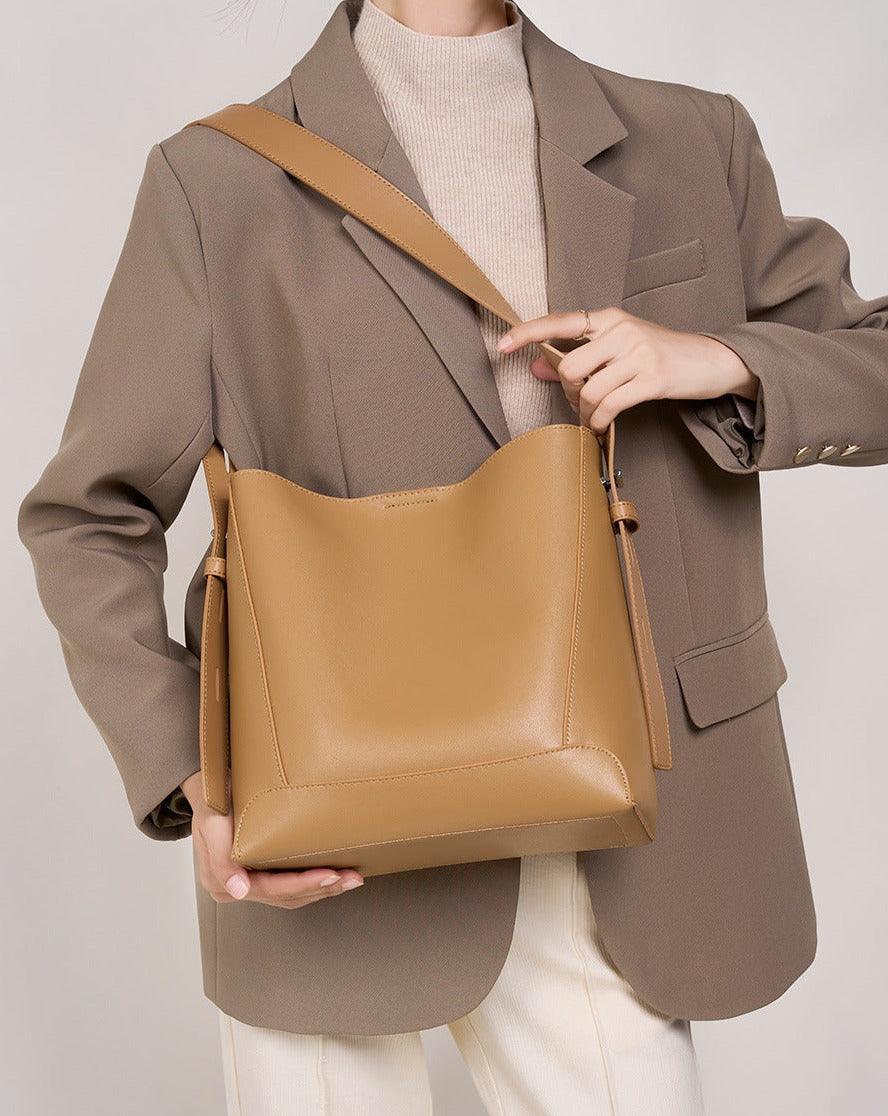 Minimalist Genuine Leather Bucket Bag | Leather Shoulder Bag, Chic Crossbody Bag, Gift for Her - Alexel Crafts
