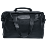 Black leather travel duffle bag with top handles and front zipper pocket