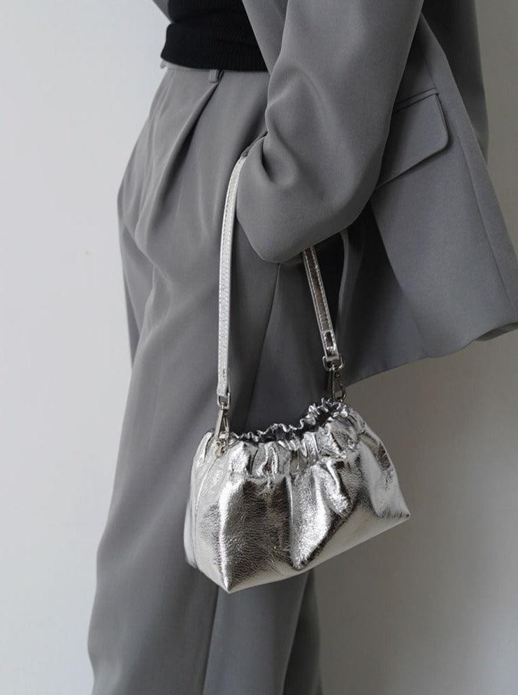 Pleated Cloud Chain Bag, Cowhide Small Silver Ball Minimalist Crossbody Bag - Alexel Crafts