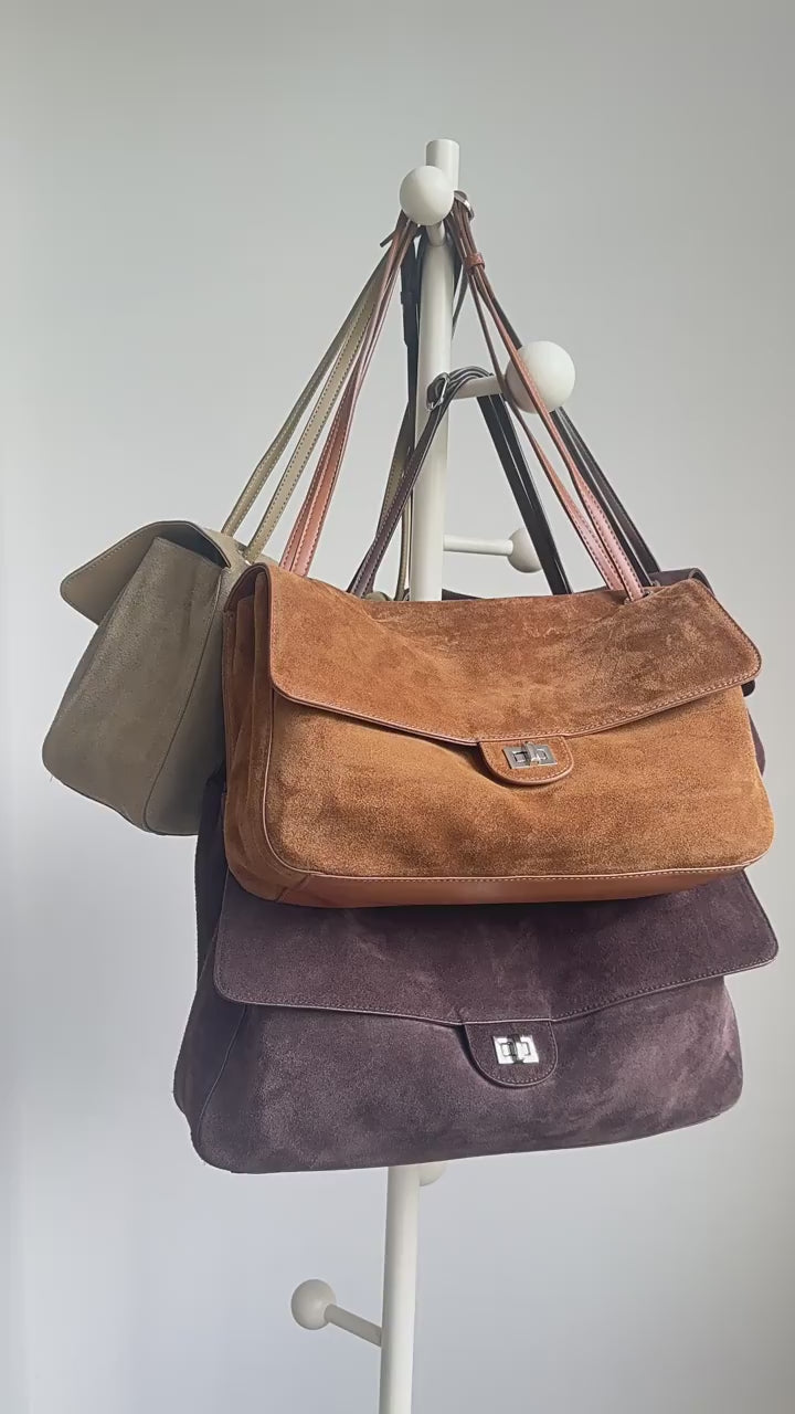 Suede Cowhide Shoulder Bag | Large Vintage Commuter Tote | Genuine Leather Women's Bag
