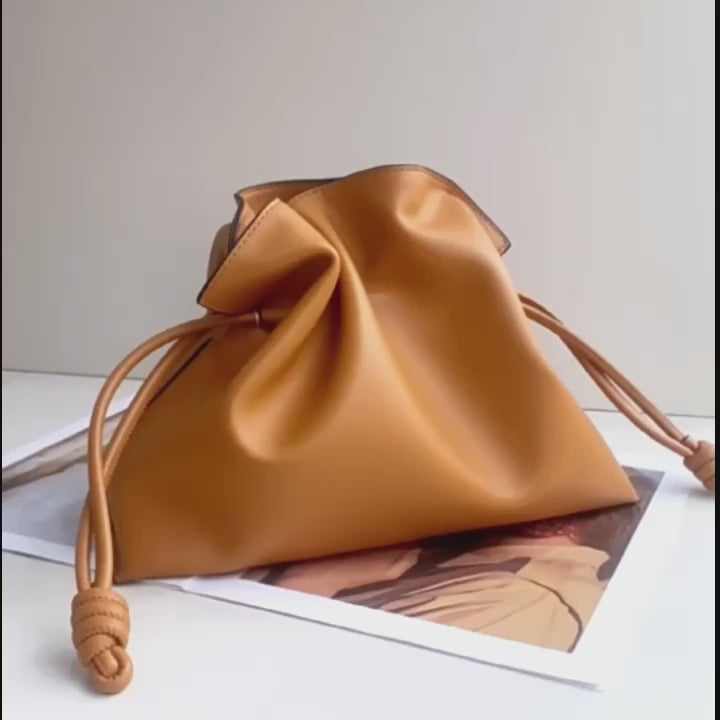 Elegant Small Cowhide Leather Shoulder Bag Crossbody Bag for Women with Drawstring Closure
