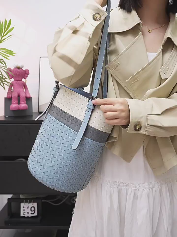Artisan Sheepskin Bucket Shoulder Bag, Handcrafted Colour-block Weave Bag, Woven Leather Bag | Elegant Wedding Gift