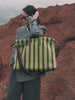 Olive & Espresso Striped Canvas Oxford Large Tote with Leather Accents | Elegant Shopper's Handbag with Crossbody Option, Women Laptop Bag